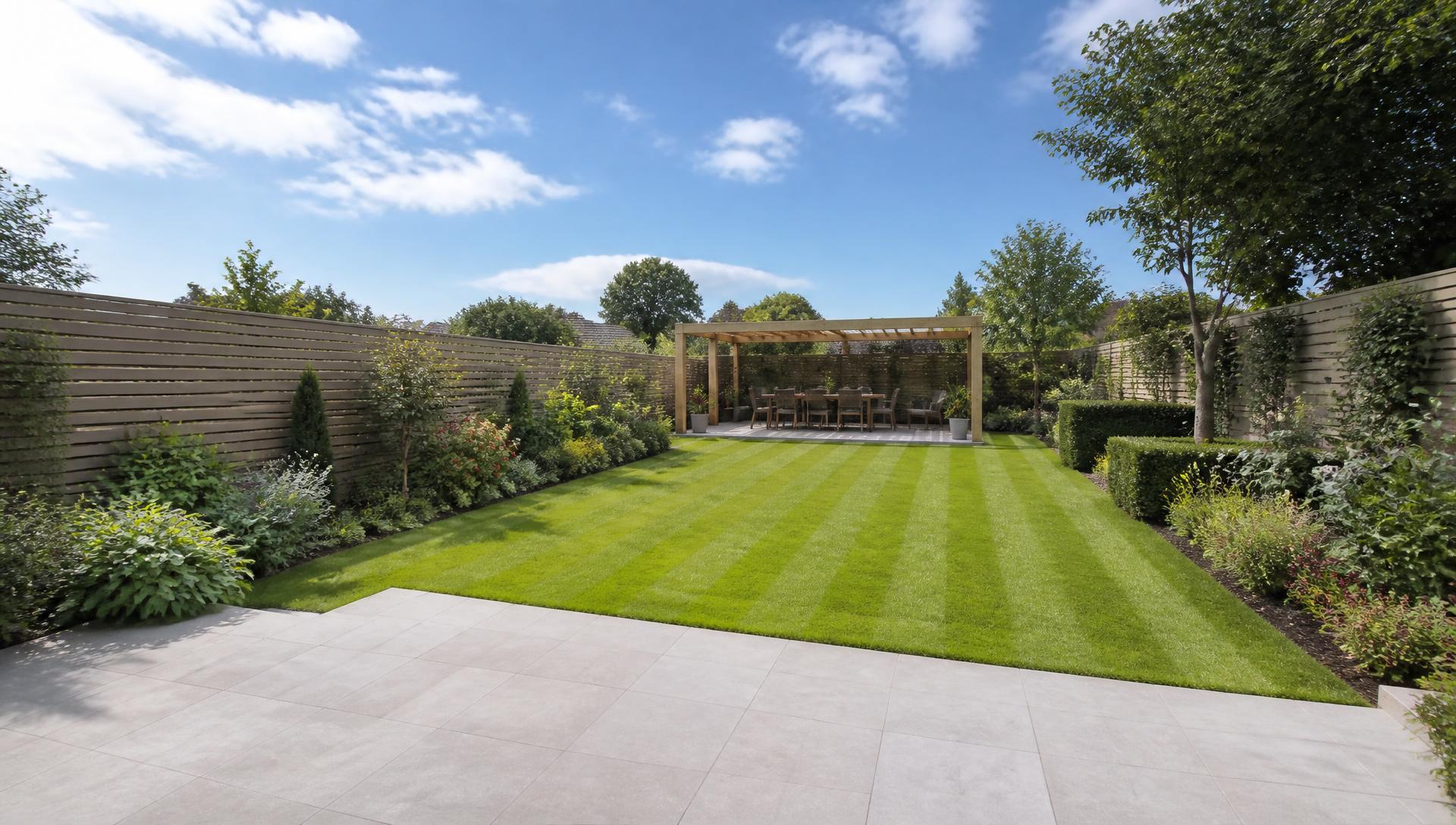 Completely transformed UK back garden in daylight with pergola and porcelain terrace